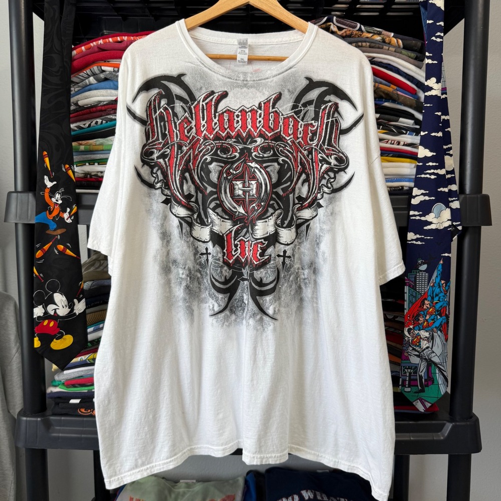 Y2K White Hellanbach Biker Grim Reaper Graphic T-Shirt 3XL